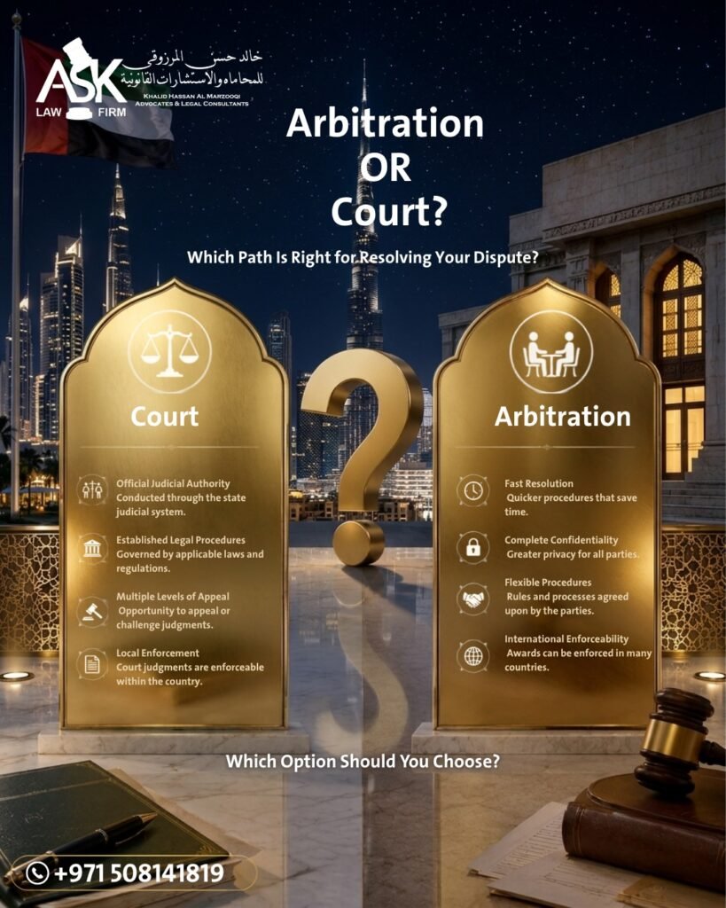 Arbitration vs Court in the UAE: Which Option Is Right for Your Legal Dispute? Arbitration vs Court in the UAE | Complete Legal Guide
Arbitration hearing in the UAE.
UAE commercial court.
Business contract arbitration.
Commercial dispute resolution.
Lawyer discussing arbitration.
UAE courtroom.
Corporate legal consultation.
Arbitration agreement signing.